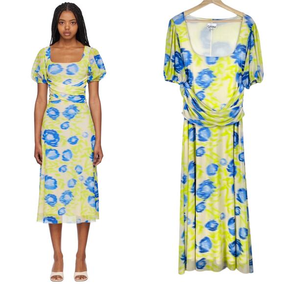 Ganni Printed Mesh Maxi Dress Strong Blue Green Floral Blue Square Neck 42 XL - Picture 1 of 16